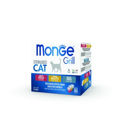 MONGE GRILL Sterilised Cat  MULTIPACK kapsičky telecí,pstruh, kohoutek 12ks/ 85g