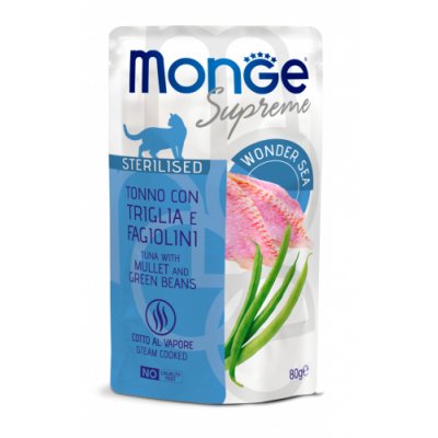 MONGE SUPREME Sterilised cat FLAKES kapsička tuňák/parmice/zelené fazolky  80g/24bal