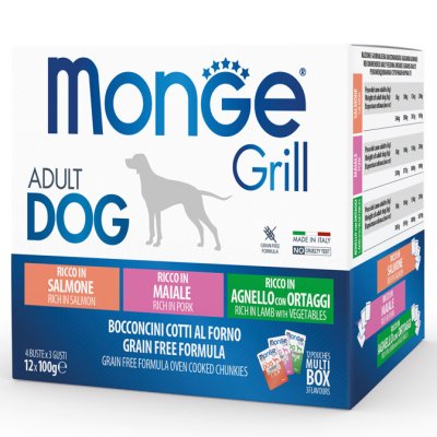 MONGE GRILL Dog  Adult MULTIPACK kapsička losos/věpř/jehně  12x100g