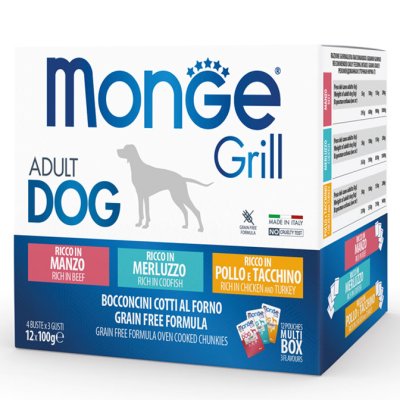 MONGE GRILL Dog  Adult MULTIPACK kapsička hovězí/treska/kuře,krůta   12x100g