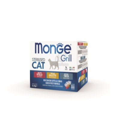 MONGE GRILL Sterilised Cat  MULTIPACK kapsičky telecí, pstruh, kohoutek 54ksx 85g